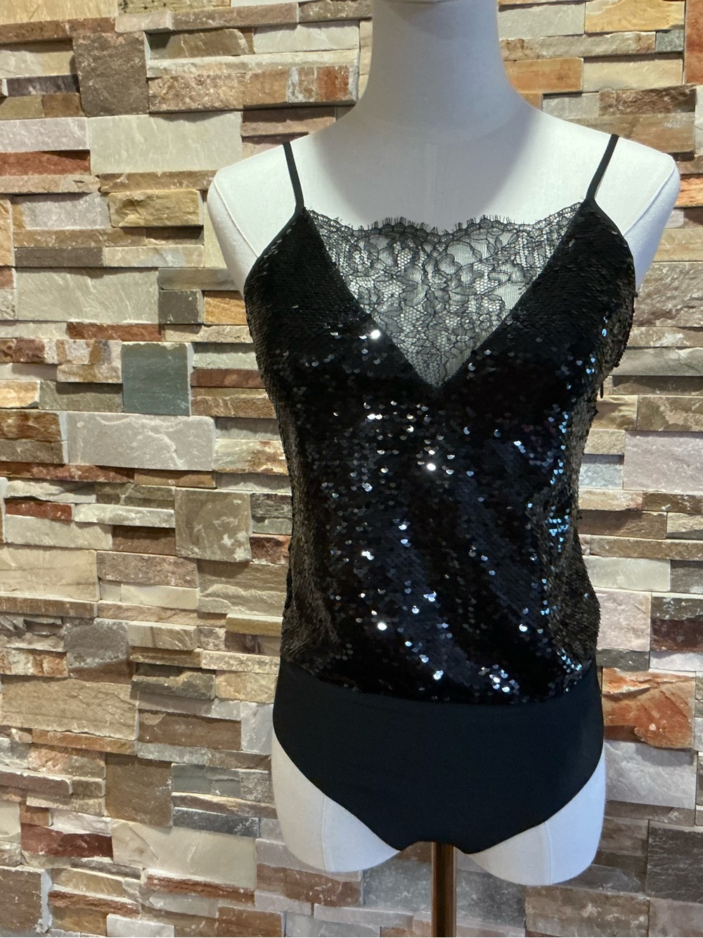 CAMI NYC Sequin and Lace Camisole/Bodysuit - Black